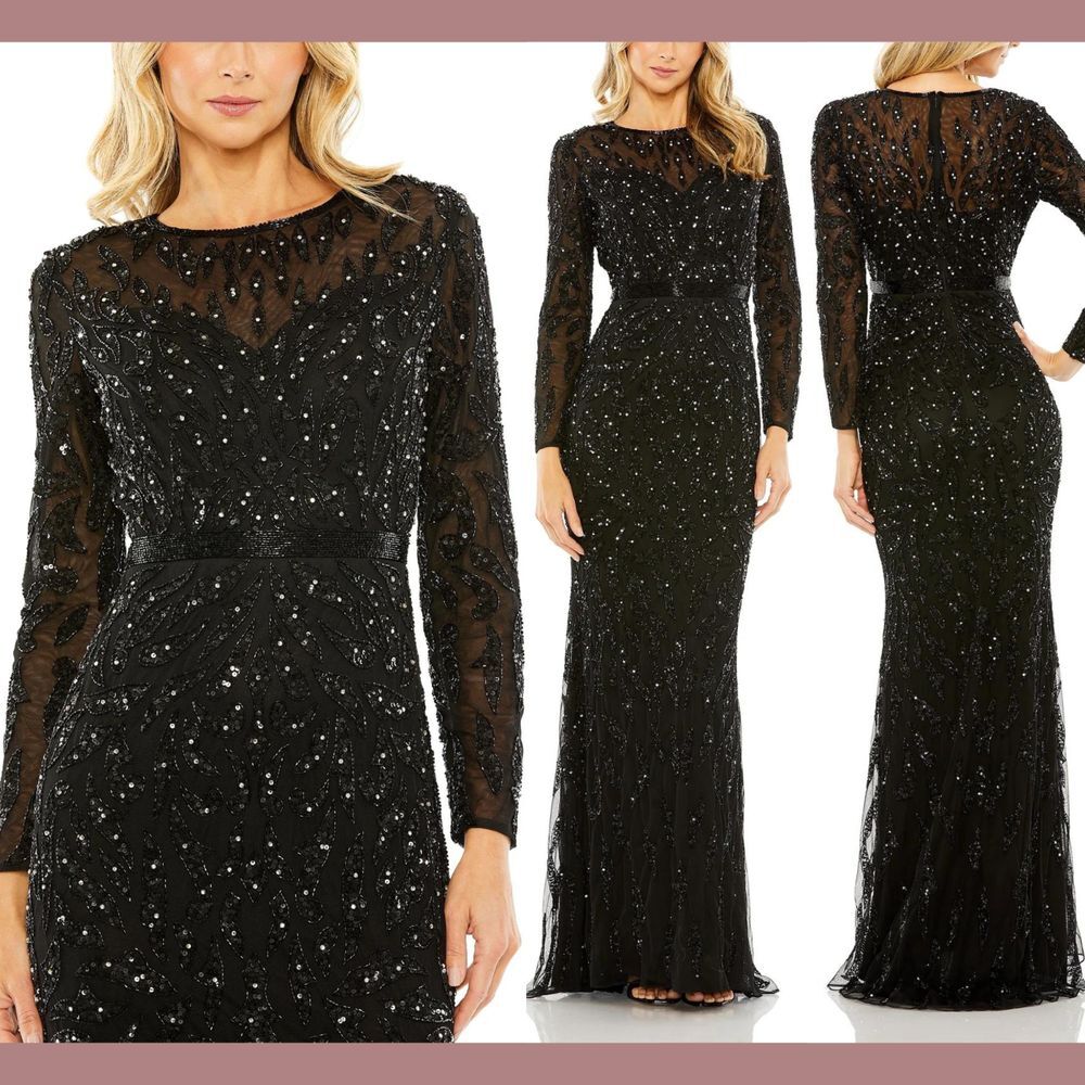 NWT $598 Mac Duggal [ 16 ] Beaded Long‎ Sleeve Evening Gown in Black #J44
